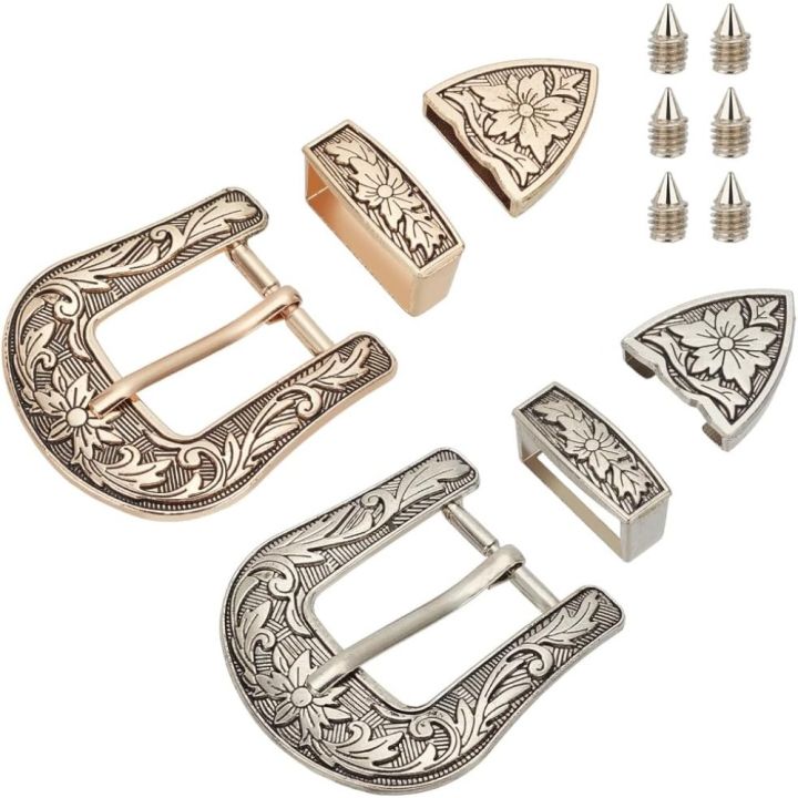 2 Sets Antique Western Cowboy Buckle Set 1" Wide Strap Floral Engraved Replacement Buckles for Men Women Alloy Belt kit