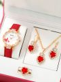 5pcs Fashion Trend Love Diamond Set Women's Red Belt Quartz Watch+Pendant Necklace+Earrings+Ring Combination Set, Gift Set. 