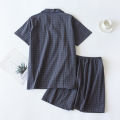 High Quality and Durable Men Cotton Pajama Set Single-Line Checkered Matching Loungewear Checkered Cardigan Shorts Sleepwear. 