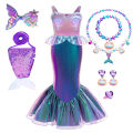 7pcs Girls Little Mermaid Cosplay Party Dress For Young Kids Beading Ariel Princess Gown Girl Fashion Evening Trumpet  Costumes. 