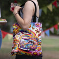 1pc Colorful Rainbow Bus Tote Bag with Sun, Moon Flowers & Butterflies Lightweight Shopping Bag for Women Shopping Shoulder Bag. 