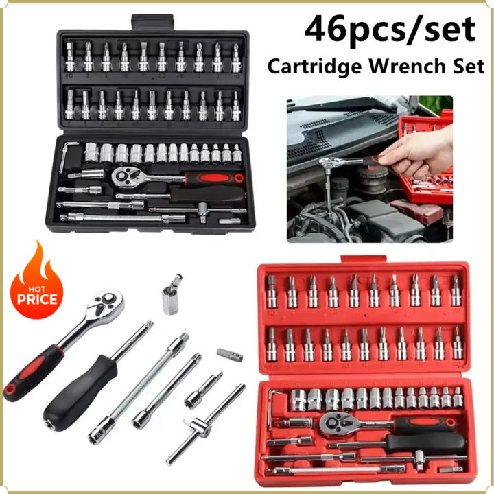46pcs 1/4 Inch Drive Socket Set Ratchet Wrench Set Car Tool Kit, Bit Socket Wrench Set Metric Mechanic Tool Set Car Accessories