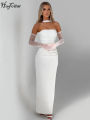 Hugcitar Elegant Scarf Strapless Solid Mesh Gloves  Bodycon Maxi Prom Dress Women Fashion Y2K Outfits Wedding Party Birthday. 