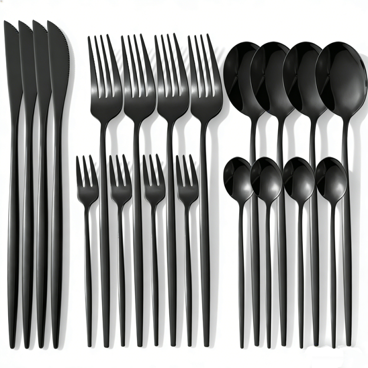 Stainless steel cutlery set, black, 20 pieces; Portuguese stainless steel cutlery for 5 people; elegant Western cutlery; dishwas