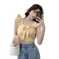 Korean Version Square Neck Bow Tie Slim Fitting Vest With Fashionable Exposed Navel And Sweet Versatile Knitted Sleeveless Vest. 