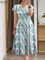 ZANZEA Elegant Women Floral Printed Midi Dress Summer Bohemian Sundress Casual V Neck Short Sleeve Holiday Party Vestido Kaftan. 