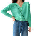 Women's Short Solid Color Cardigan For Spring And Autumn Outerwear Casual V-Neck Knitted Top. 