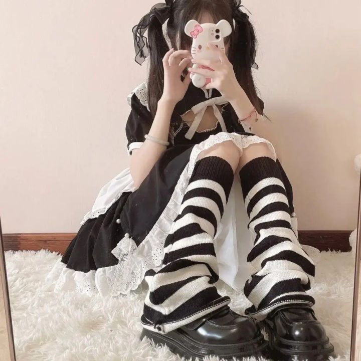 Gothic%20Women's%20Striped%20Leg%20Warmers%20Black%20White%20Lolita%20Long%20Socks%20Knitted%20Japanese%20Winter%20Socks%20Arm%20Ankle%20Warmers%20Wide%20Legs%20Cover%20-%20Image%203