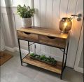 2 Drawer Console Table Black Metal Frame & Wooden Drawers and Shelf Furniture. 