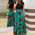 Printed Splicing Crew Neck Dress Elegant Short Sleeve Slim Waist Pleated Maxi Dress Women's Clothing. 