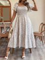 Plus Size Romantic Floral Print Square Neck Elastic Waist A-Line Hem Sleeve Long Dress for Women Holiday Casual Dress. 