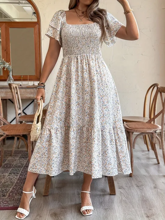 Plus%20Size%20Romantic%20Floral%20Print%20Square%20Neck%20Elastic%20Waist%20A-Line%20Hem%20Sleeve%20Long%20Dress%20for%20Women%20Holiday%20Casual%20Dress%20-%20Image%203