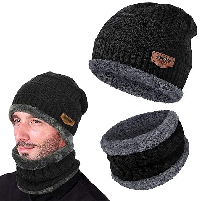 Winter Knit Beanie Woolen Cap Hat Woolen Neck Warmer Scarf Set for Men & Women - set of 2 outdoor winter clothing set, stretchable wool knit set, lightweight winter head and neck cover, gift winter accessory set (No Color Choice)