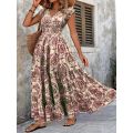 Plus Size Women's Bohemian Floral Print V-Neck Short Sleeve Dress Oversized Ruffled Skirt For Women Casual A-line Long Dresses.
