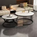 Luxe Living Co - Customized Modern Round MDF Top, Coffee Table ,with Black Glass Center, Gold Metal Frame, and Iron Base -Nesting Table, Tea Table, Side Table, Dining Table , and Decorative Table for Living Room, Office, or Drawing Room with Wooden Top. 