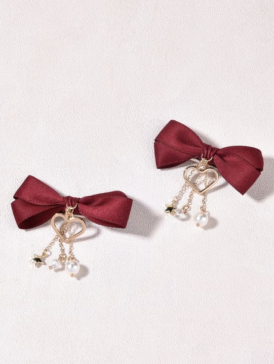 Fashion%202%20Pcs%20Bow%20Tie%20Hairpin%20For%20Girl%20With%20Metal%20Heart%20and%20Golden%20Pearl%20Baby%20and%20Lady%20Silk%20Hair%20Headpiece%20For%20Daily%20Dressing%20-%20Image%202