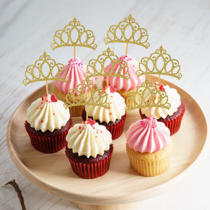 YOMDID 24Pcs Princess Crown Cupcake Toppers Glitter Crown Toppers Gold ...