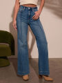 Autumn new women's dark blue high waist straight jeans slim fit wide leg version stretch denim fabric elegant intellectual jeans. 