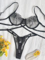 High-End Floral Embroidered Underwire Bra Set, Women's Mesh Unlined Bra + Panties. 