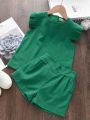 Girl 2-Piece Solid Color Ruffle Hem Sweet Top And Pleated Shorts Dress. 