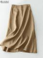 ZANZEA Elegant Cotton Midi Skirts Casual Button Up A-line Skirt Women High Waist Jupe 2024 Summer Solid Temperament Falda Mujer.