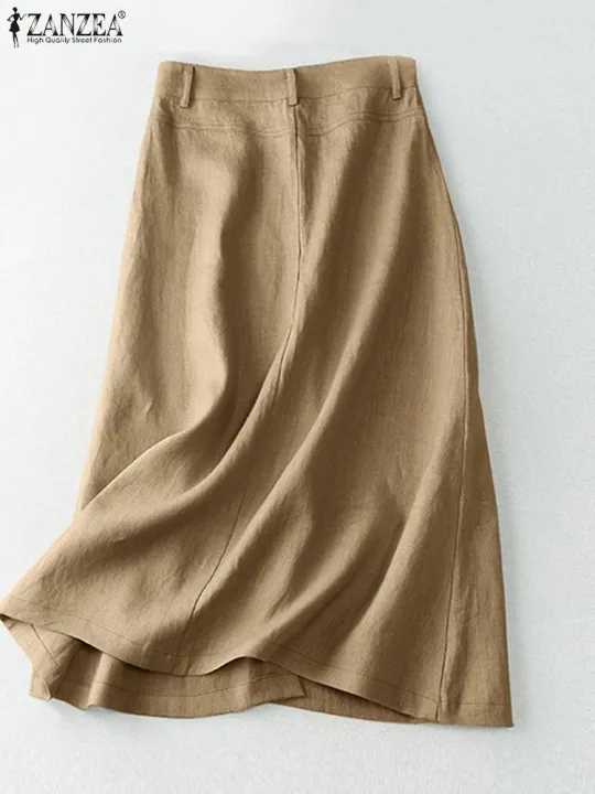 ZANZEA%20%20Elegant%20Cotton%20Midi%20Skirts%20Casual%20Button%20Up%20A-line%20Skirt%20Women%20High%20Waist%20Jupe%202024%20Summer%20Solid%20Temperament%20Falda%20Mujer%20-%20Image%202