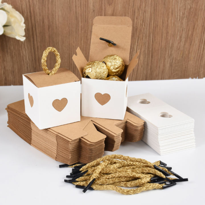 10/50pcs White Brown Heart Candy  Boxes Wedding Favors for Guests Birthday Party Baby Shower Chocolate Cookie Packaging Box