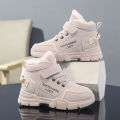 A pair of children's winter velvet warm snow boots with leather waterproof and anti-slip wear-resistant high-top cotton shoes. 