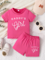 Baby girl round neck short sleeved DADDY'S GIRL fashionable letter pattern top casual short set for spring and summer. 