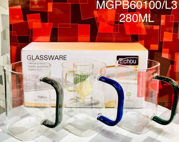 Juice Mug | Glass Mug | Best Quality Glass Mug | Soft Handle light in weight | 280ml Quantity | Light in weight | 3Pcs Set