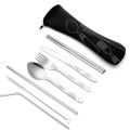 7pcs/ Set Stainless Steel Tableware Set Outdoor Portable Cloth Bag Knife Fork Spoon Chopsticks Straw Rich Flowers Seven Sets. 