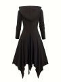European and American Fashion Plus Size Long Sleeve Gothic Lace-Up Hooded Irregular Dress Pure Black Handkerchief Hem..