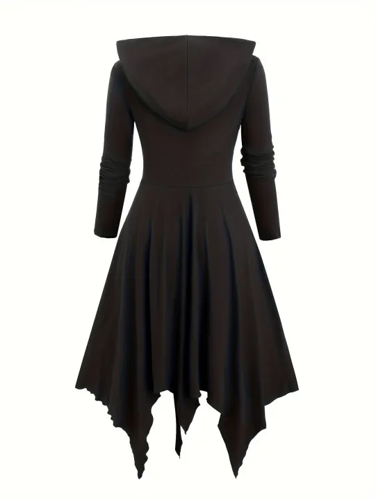 European%20and%20American%20Fashion%20Plus%20Size%20Long%20Sleeve%20Gothic%20Lace-Up%20Hooded%20Irregular%20Dress%20Pure%20Black%20Handkerchief%20Hem.%20-%20Image%202