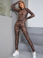 Sisterlinda Fashion Print Jumpsuits Woman Turtleneck Full Sleeve See Through Skinny Peach Hip Street Wild Style Overalls.