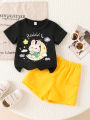 Eye-Catching Black Short-Sleeve Set: Moon Rabbit—Summer Baby’s Cute Outfit. 