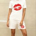Women's 2-Piece Pajama Set Summer Short Sleeve T-Shirt & Shorts Red Lip Print Soft Cotton Loungewear Sleepwear S-XXL.