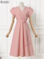 ZANZEA Elegant Summer Short Sleeve Dress Women Fashion OL Work Sundress Robe Femme Casual Solid A Line Vestido Kaftan Sarafans.