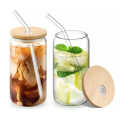 Round shape Glass with glass straw and wooden lid, coffee glass, milk glass, juice glass -Imported high quality - cups for tea - tea cup - coffee mug - kitchen accessories. 380ML. 