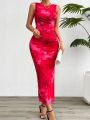 Women's 2024 Spring Summer New Fashionable Printed Round Neck Style Slimming Sleeveless Tight Dress With Split Bottom. 
