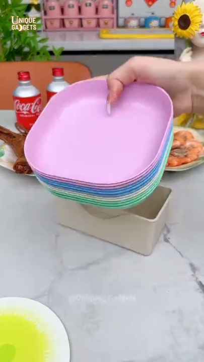 Square Plastic Dinner Plate Set (Set of 10 Pcs) Colorful Snacks/Breakfast Plate with Stand