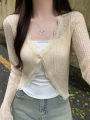 Lace Trim One Button Long Sleeve Crop Top Women Short Sleeve Open Front Ribbed Knit Cardigan Sweater Summer Fairycore Outfit. 