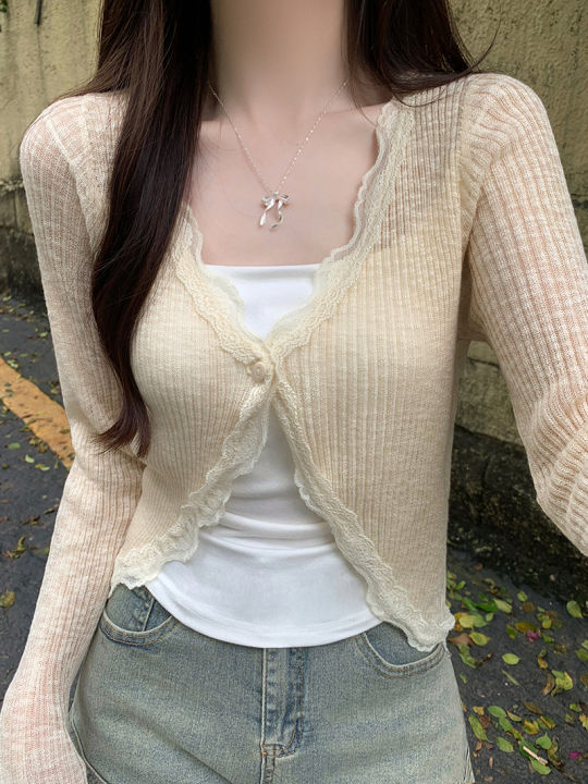 Lace%20Trim%20One%20Button%20Long%20Sleeve%20Crop%20Top%20Women%20Short%20Sleeve%20Open%20Front%20Ribbed%20Knit%20Cardigan%20Sweater%20Summer%20Fairycore%20Outfit%20-%20Image%208