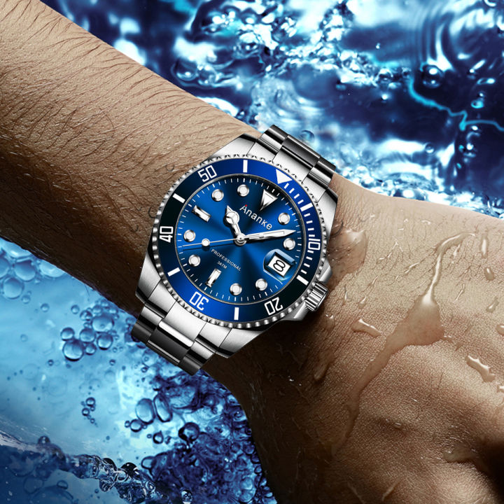 Ananke Mens Luxury Watches Japanese Movement Waterproof Stainless Steel Strap Luminous Auto Date Blue Quartz Watches AN17