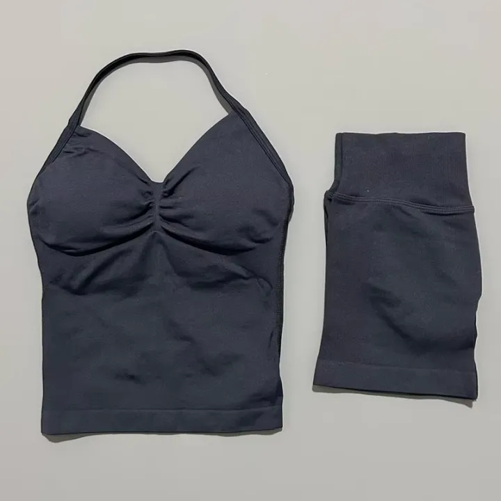 HISTELLO%202%20Pieces%20Sports%20Set%20Women%20Yoga%20Longline%20Strap%20Top%20Scrunch%20Seamless%20Shorts%20Sport%20Gym%20Set%20Sportswear%20Workout%20Fitness%20Set%20-%20Image%203