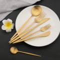 6Pcs Dinnerware Set Matte Gold Knife Fork Dessert Spoon Tableware Cutlery Set Stainless Steel Flatware Kitchen Dinner Set. 