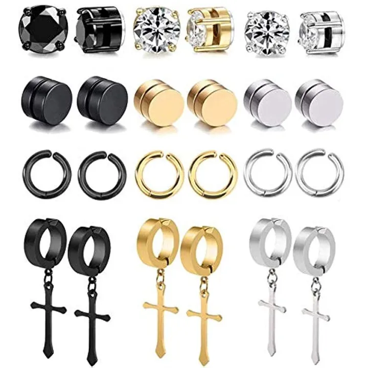 4 Pairs Simple Stainless Steel Magnetic Stud Earrings For Men, Cross ...
