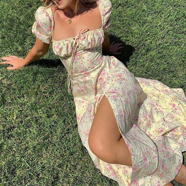 Women Floral Print Split Dress Sweet Puff Short Sleeve Square Collar Slim Fit Maxi Dress Holiday Summer Casual  A-Line Dress
