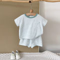 Summer Baby New Set Blue White Stripes Simple Comfortable Short Sleeves+Loose Sports Beach Shorts Boys Girls Clothing. 