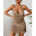Halter Sleeveless Solid Color Dress Women Summer Vacation Knitted Bikini Cover Up Backless Stylish Beach Dresses. 