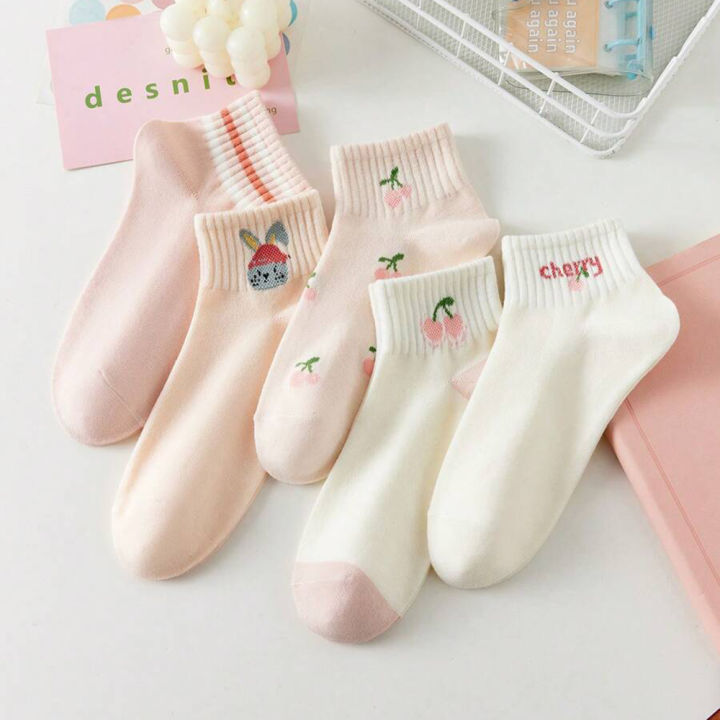 5/10%20Pairs%20Women%20Striped%20Ankle%20Socks%20Fashionable%20Breathable%20Comfortable%20Spring%20Summer%20Cute%20Pink%20Fruit%20Pattern%20Casual%20Socks%20-%20Image%202